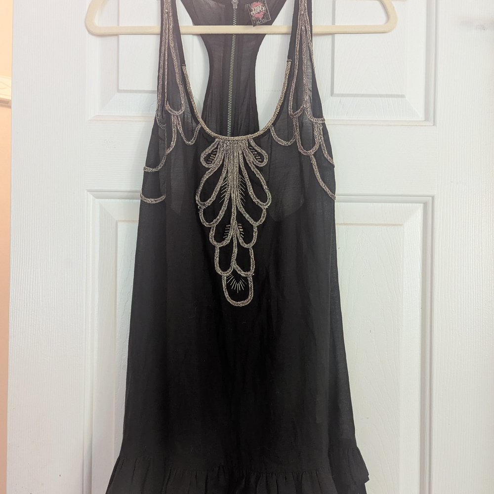 Free People Black Tank Top with Silver Embroidery